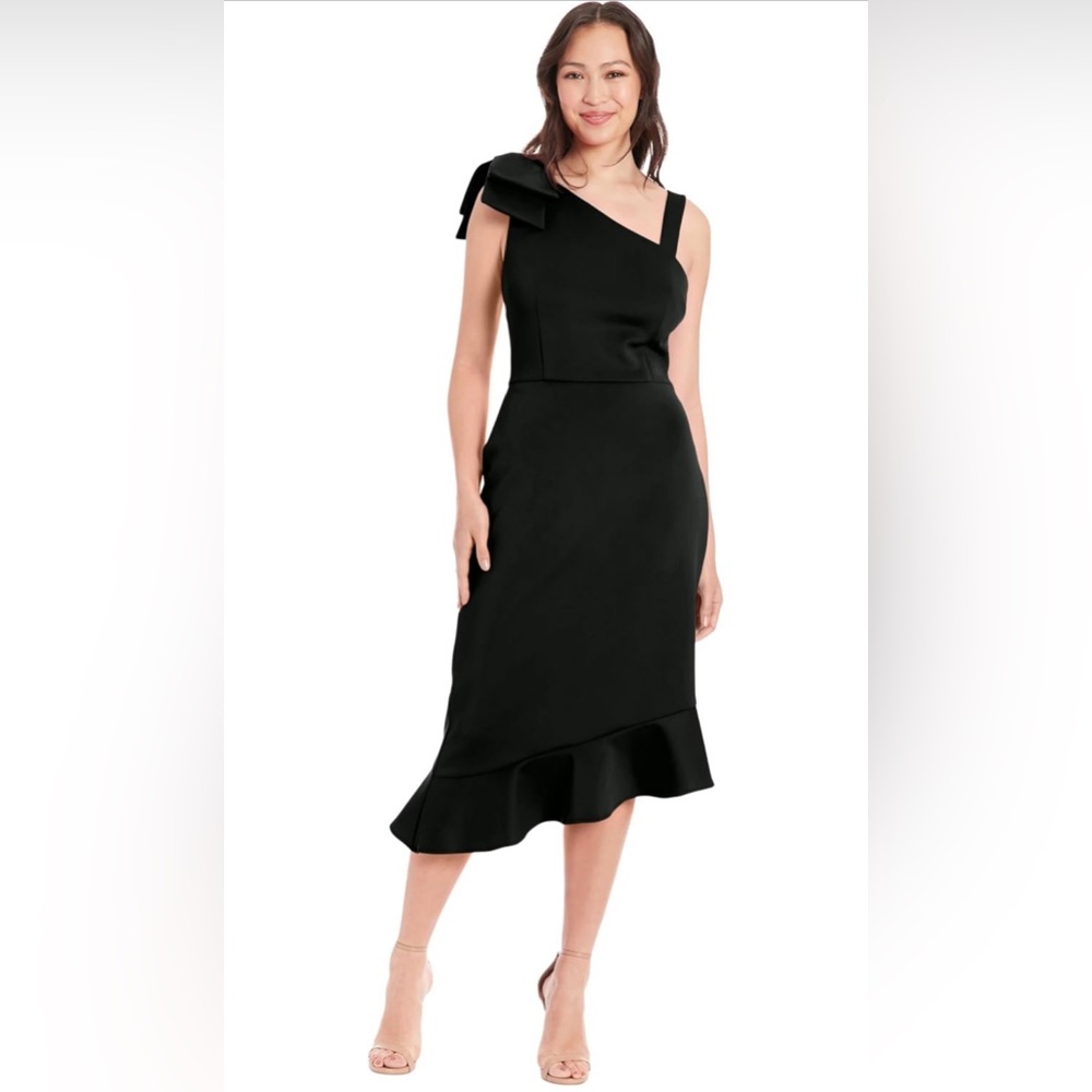 London Times One Shoulder Ruffle Midi Fit and Flare Bow Wedding Guest Dresses